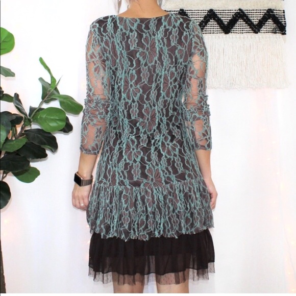 A'reve Lace Ruffle Tier Hem Dress in Brown & Teal - Picture 2 of 7